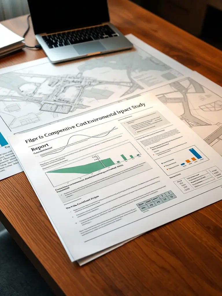 A comprehensive environmental impact study report, highlighting the assessment of a major coastal development project.